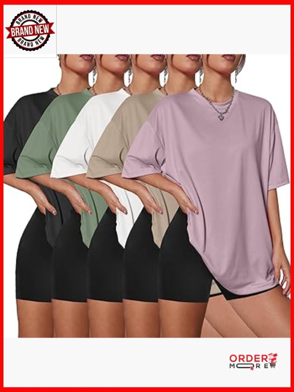 5 Pack Womens Oversized Crew Neck Short Sleeve Tshirts Loose Fit Tee Tops